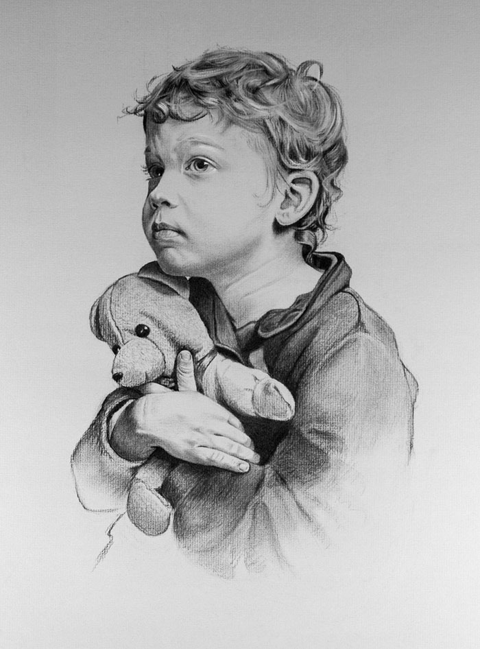 Drawing of a boy holding a teddy bear